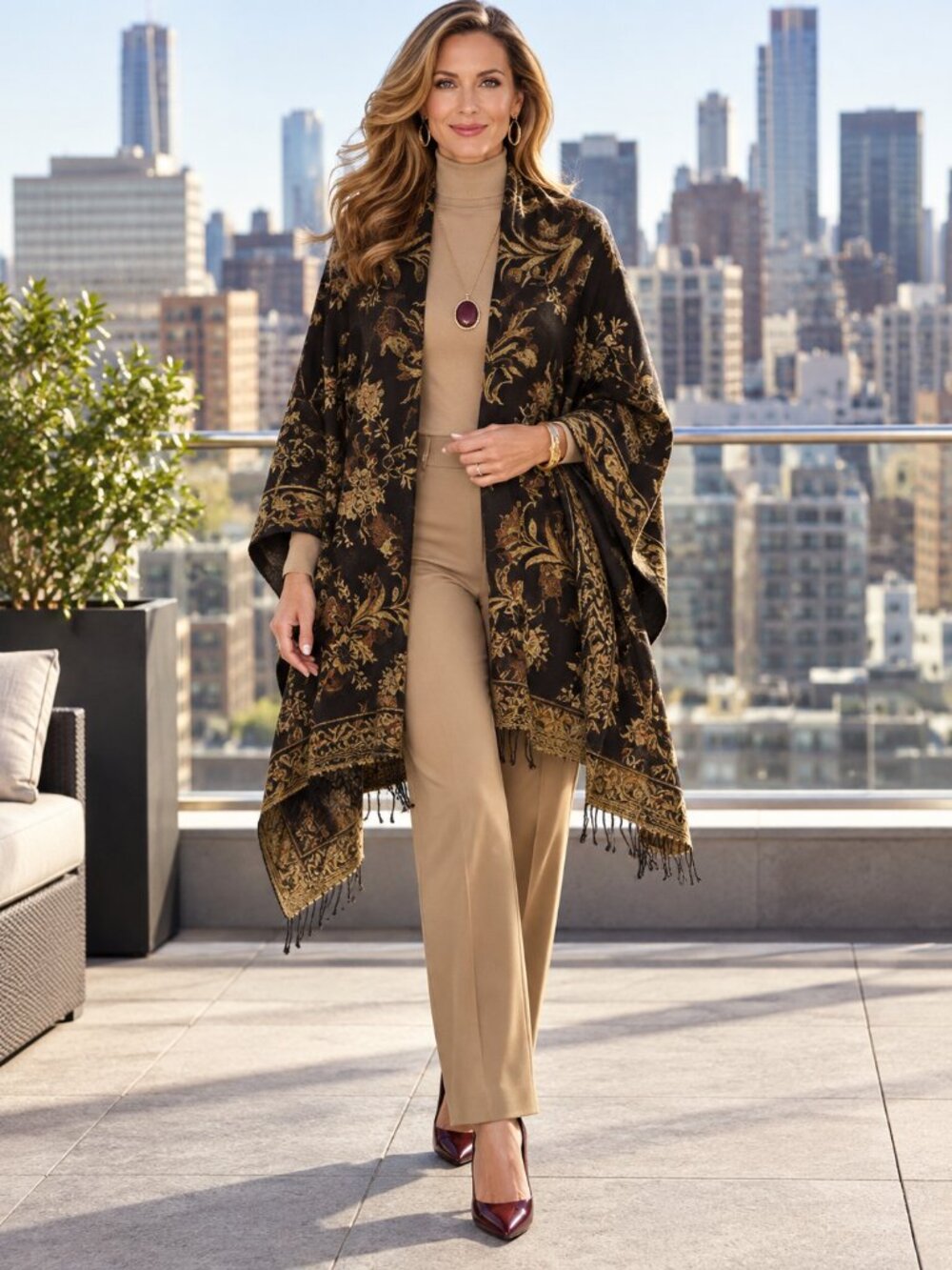 Collection XIIX Bohemian Dark Brown & Gold Paisley Jacquard Shawl/Wrap ✨NWOT✨